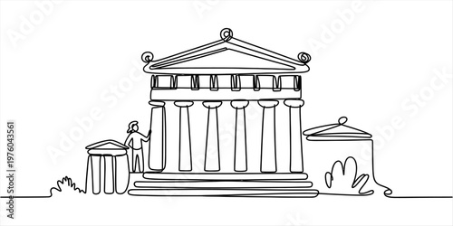 A continuous line drawing depicting an ancient greek temple with a person standing next to it Vector, illustration