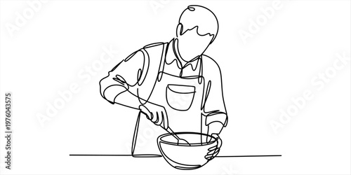 A single continuous line drawing of a male chef or baker wearing an apron mixing a large bowl. Vector, illustration