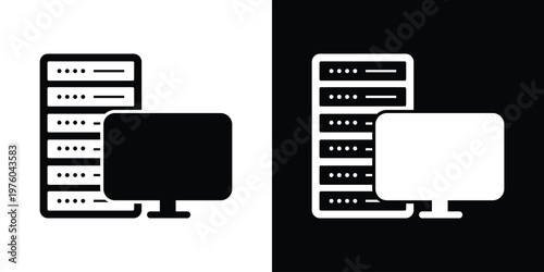 IT infrastructure icon displaying a stack of servers next to a computer monitor. Ideal for representing data centers, database management, web hosting, and mainframe administration.