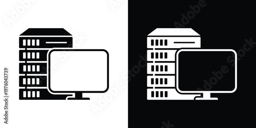 IT infrastructure icon displaying a stack of servers next to a computer monitor. Ideal for representing data centers, database management, web hosting, and mainframe administration.