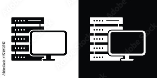 IT infrastructure icon displaying a stack of servers next to a computer monitor. Ideal for representing data centers, database management, web hosting, and mainframe administration.