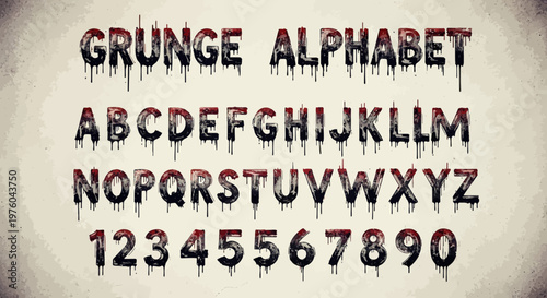 Horror Grunge Alphabet with Bloody Dripping Letters and Numbers Set for Halloween or Thriller Graphic Design Projects