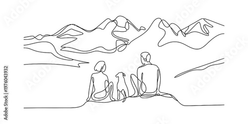 A single line drawing of a man and a woman sitting with their small dog viewing mountain scenery Vector, illustration