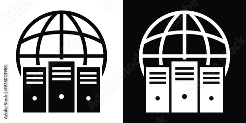 Global networking icon with three server towers positioned in front of a world globe. Represents international data centers, worldwide web hosting, and global internet infrastructure.