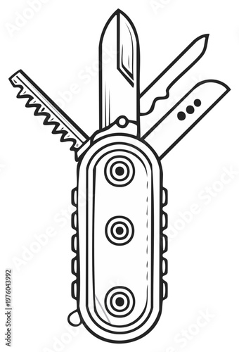 Swiss Army Knife Illustration, Opened with Tools, Isolated Object, Adventure Essential