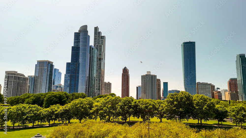 Fototapeta premium Panoramic drone shot of Chicago cityscape along Lake Michigan waterfront