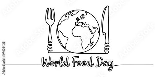 A single line drawing illustration depicting a globe with a fork and knife for world food day. Vector, illustration