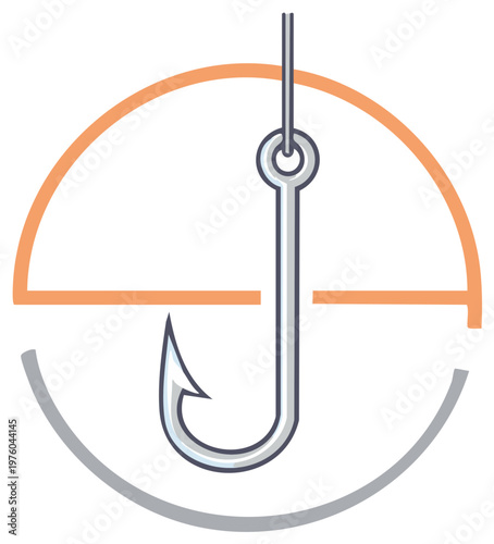 Fishing Hook Illustration with Circle, Symbol, Minimalist Design, Flat Vector Style, Sport and Recreation Theme