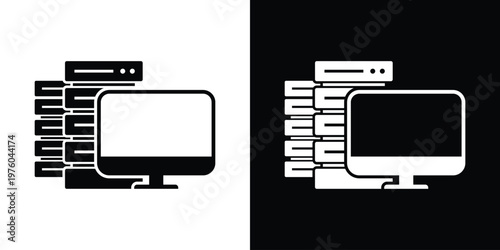 IT infrastructure icon displaying a stack of servers next to a computer monitor. Ideal for representing data centers, database management, web hosting, and mainframe administration.