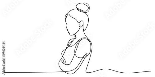 A minimalist single line drawing of a woman with her hair in a bun standing in a thoughtful pose Vector, illustration