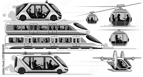 Futuristic Transportation Concepts - Autonomous Vehicles, High-Speed Trains, and Flying Pods.