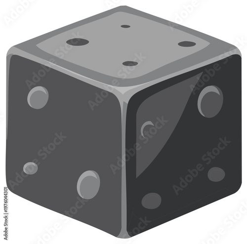 A single dark gray die with rounded edges displays three visible sides, each marked with light gray circular pips.