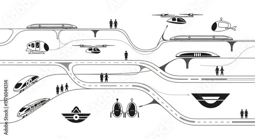 Futuristic Transportation Network with Elevated Pathways and Pods.
