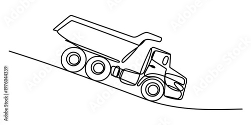 A simple black and white line drawing of a heavy duty dump truck driving down a steep paved road Vector, illustration
