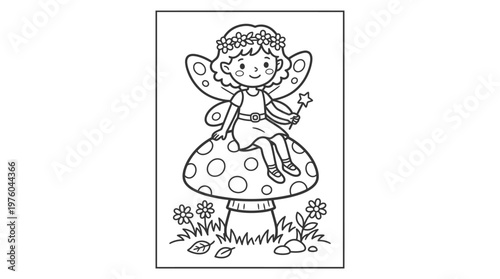 Smiling fairy sitting on mushroom.