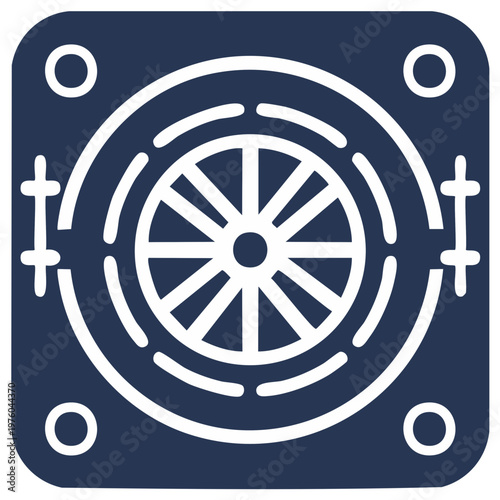 Stylized geometric wheel icon with concentric dashed circles and directional cross motifs