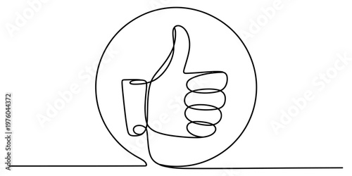 A single continuous line drawing of a hand showing a thumbs up gesture inside a circular frame. Vector, illustration