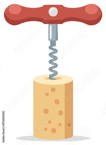 Red handled corkscrew opening a natural wine cork vector illustration