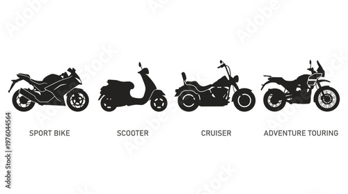 Motorcycles and scooters in profile.