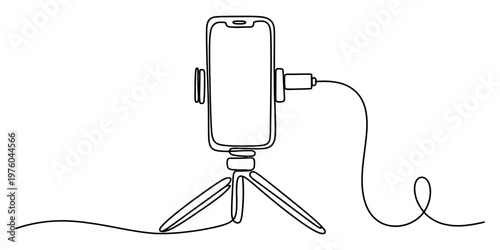 A single continuous line drawing of a smartphone mounted on a tripod with a charging cable plugged Vector, illustration