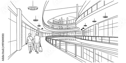 A black and white line drawing of people walking through a modern and spacious indoor shopping mall Vector, illustration