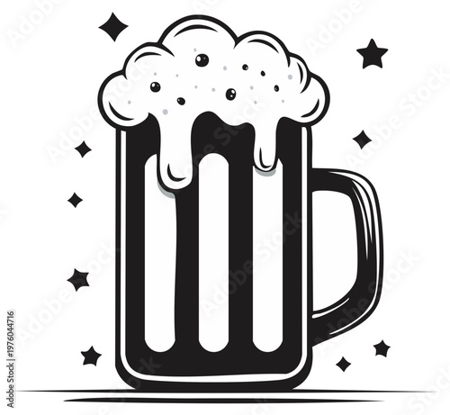 Beer mug illustration with foam and star elements