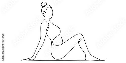 A minimalist single line drawing of a woman sitting on the floor in a relaxed yoga posture poses. Vector, illustration