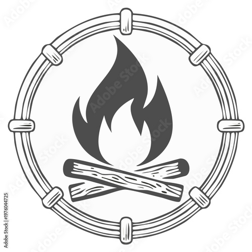 Campfire emblem illustration featuring flames and stacked firewood inside a circle frame