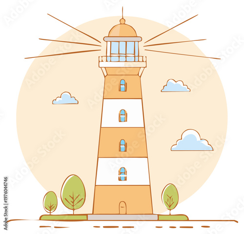 Coastal Lighthouse Beacon with Light Beams, Shoreline Trees, and Clouds