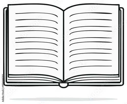 Open book illustration depicting blank pages ready for writing or drawing, minimalist line art style, educational concept