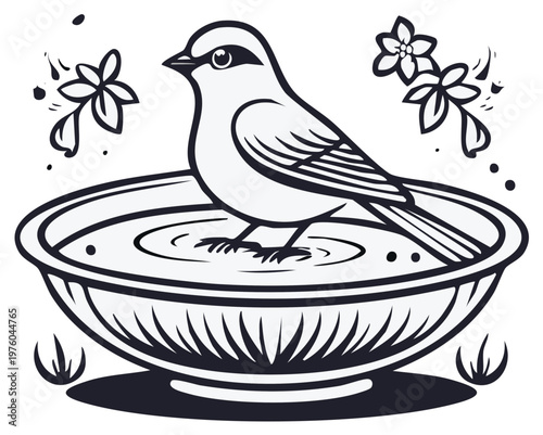 Illustration of a bird perched on a birdbath with floral elements