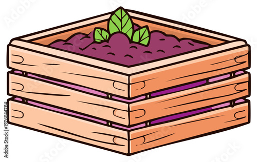 Wooden crate filled with soil and sprouting green leaves representing growth and gardening