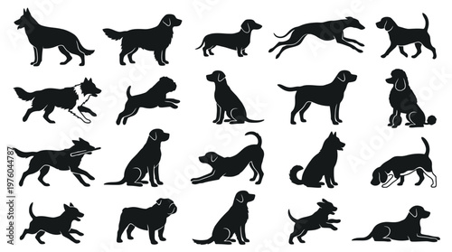 Black silhouettes of various dog breeds.