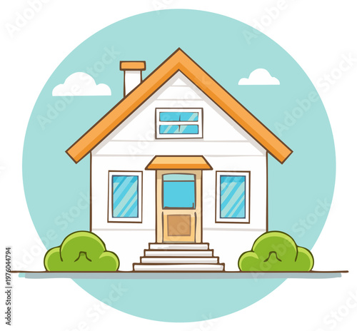 Vector illustration of a cute cartoon house with an orange roof and green bushes