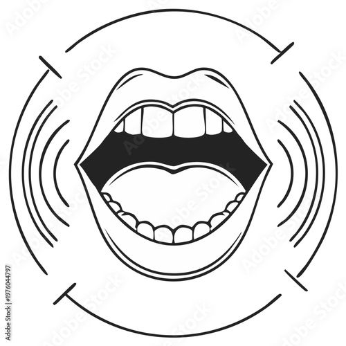 Open Mouth Vocalization Sound Waves Black and White Line Art