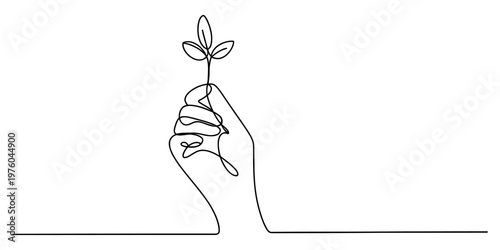 A single continuous line drawing of a hand holding a small green plant sprout against white space Vector, illustration