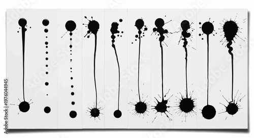Sequence of ten unique black ink drips and splatters arranged vertically on a clean white background