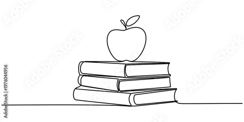 A single continuous line drawing of a ripe apple placed on top of a stack of three school books. Vector, illustration