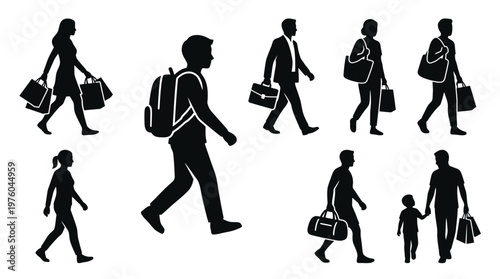 People walking with luggage silhouettes.