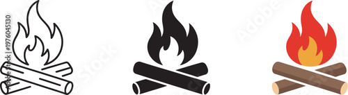 Campfire icon, outdoor bonfire vector, flames burning firewood, camping and survival sign, wilderness adventure heat source, pictogram design