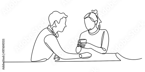 Continuous line drawing of a young couple having a romantic conversation while drinking coffee Vector, illustration