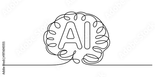 A continuous line drawing of a human brain shape containing the acronym ai for artificial intelligence Vector, illustration
