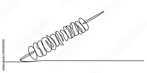 A single continuous line drawing of a spiral potato snack on a wooden skewer against white background Vector, illustration