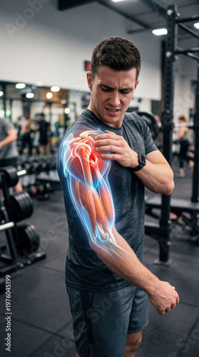 Man feeling shoulder pain in gym. Anatomy visualization of joint injury with glowing muscles. Sports trauma, medical diagnostic, athletic injury concept, fitness healthcare technology.
