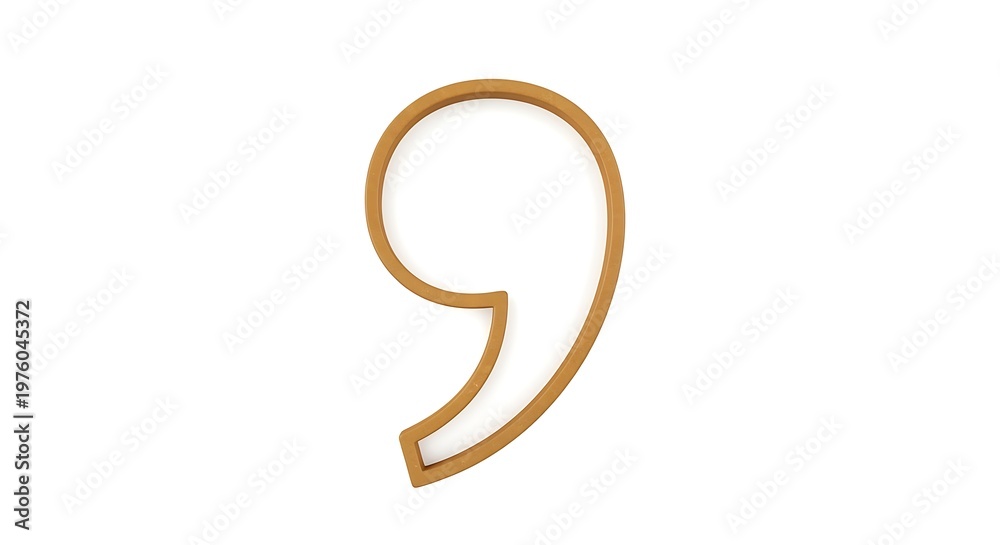Fototapeta premium A 3D-rendered, golden-brown, quotation mark floats centered against a pristine, white background, providing a clean minimalist aesthetic