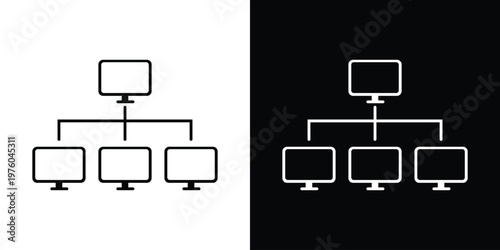 Professional network topology icon showing a master computer connected to three workstations. Minimalist vector design representing local area networks, distribution, and IT infrastructure.