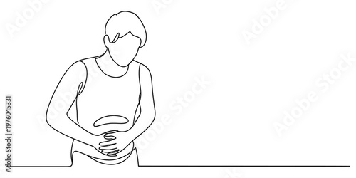 A continuous line drawing of a person experiencing significant abdominal pain or discomfort now Vector, illustration