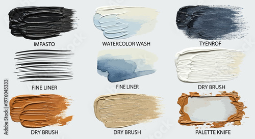 Educational Guide Illustrating Various Paint Stroke Techniques Including Impasto, Watercolor Wash, Dry Brush, and Palette Knife Applications