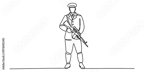 A continuous line drawing of a military soldier standing tall while holding a modern rifle gun. Vector, illustration