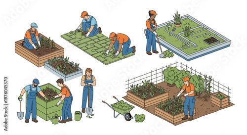 Isometric illustration of community gardening activities with diverse people